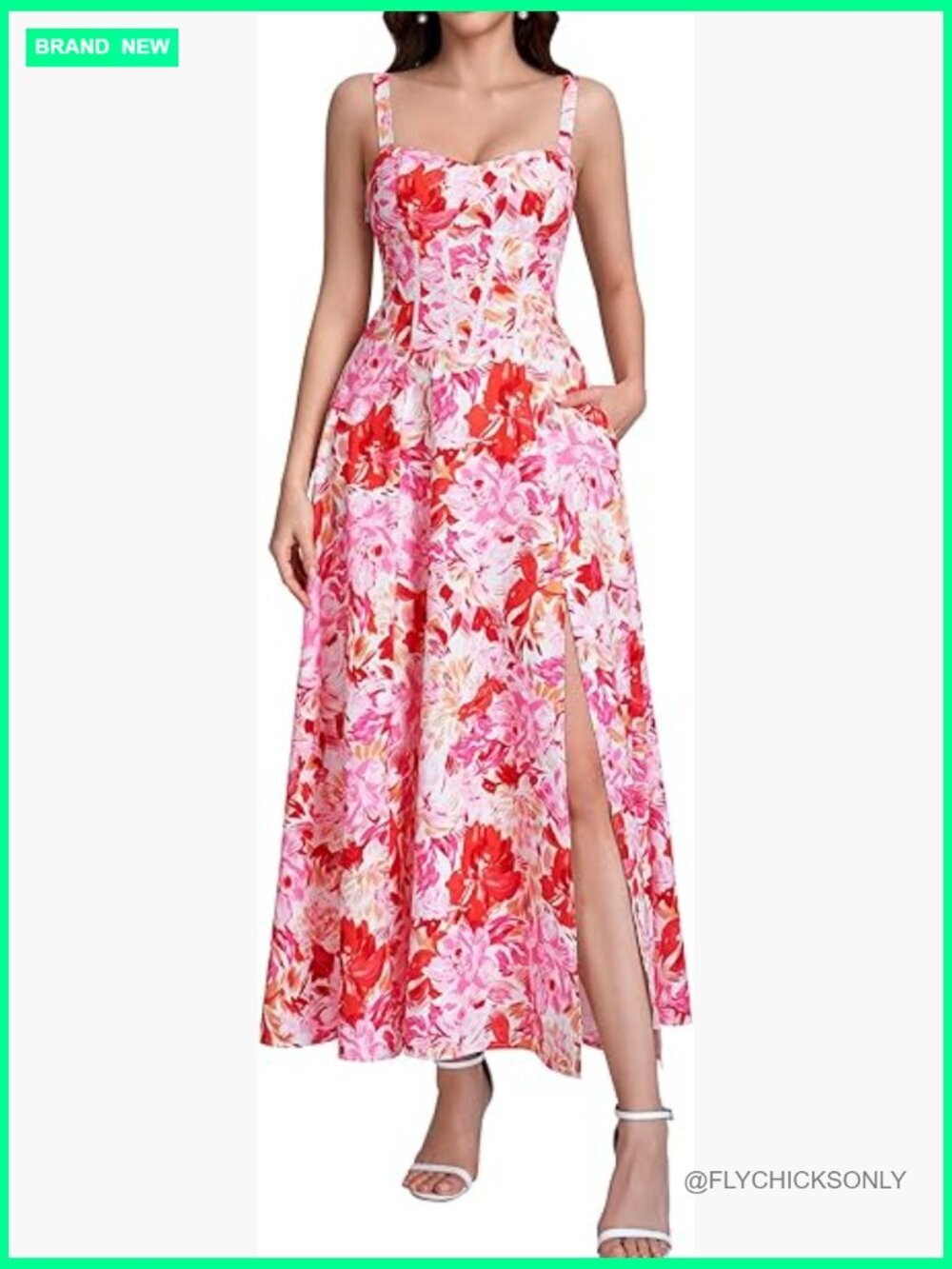 Floral Corset Midi Dress Lace Up Flowy A Line Slit Sundress with Pockets